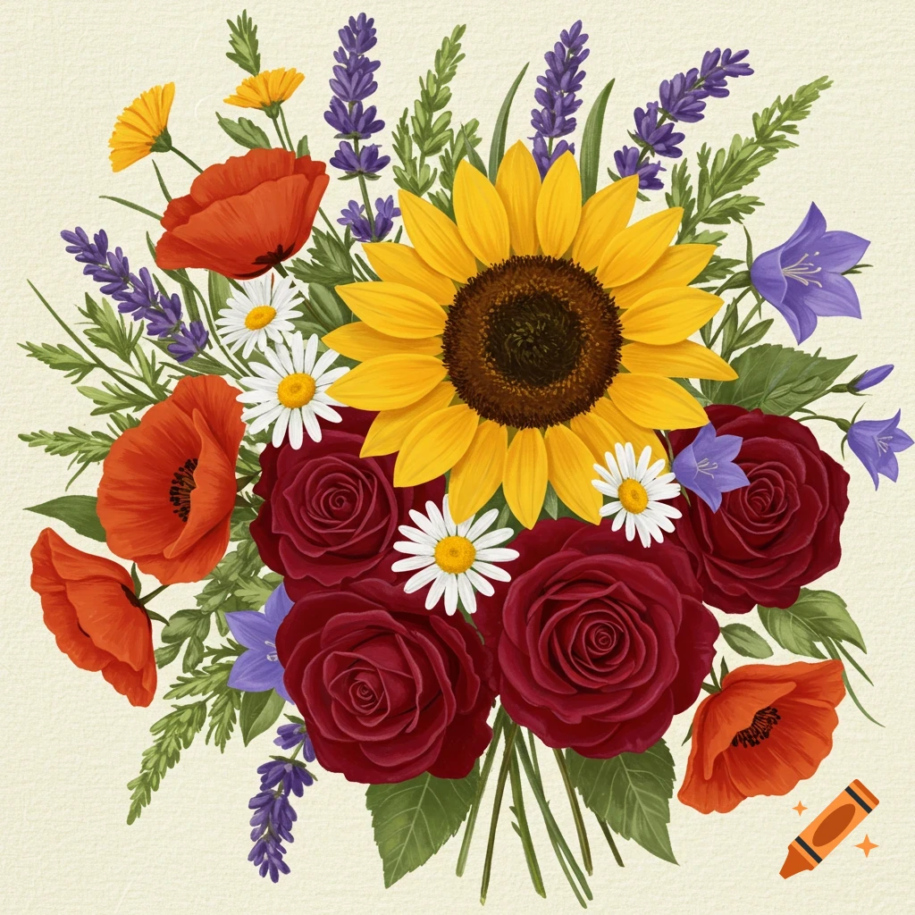 A vibrant illustration of a bouquet with sunflowers, red roses, poppies, daisies, lavender, and bluebells on a light background.