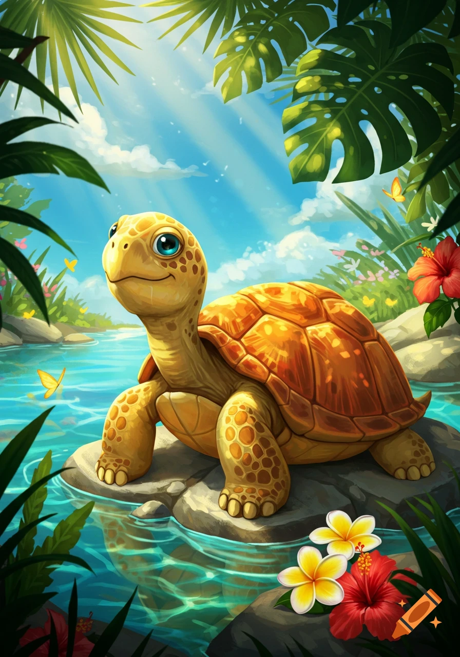 A cute cartoon turtle with blue eyes sits on rocks in a clear tropical stream, surrounded by lush green foliage and colorful flowers.