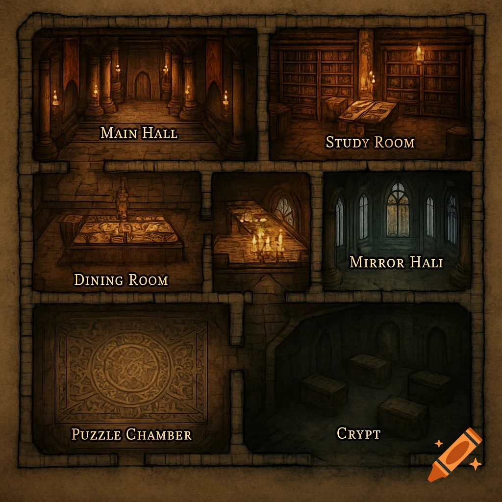 A top-down view of a Dungeons and Dragons dungeon map, showing a main hall, study, dining room, mirror hall, puzzle chamber, and crypt.