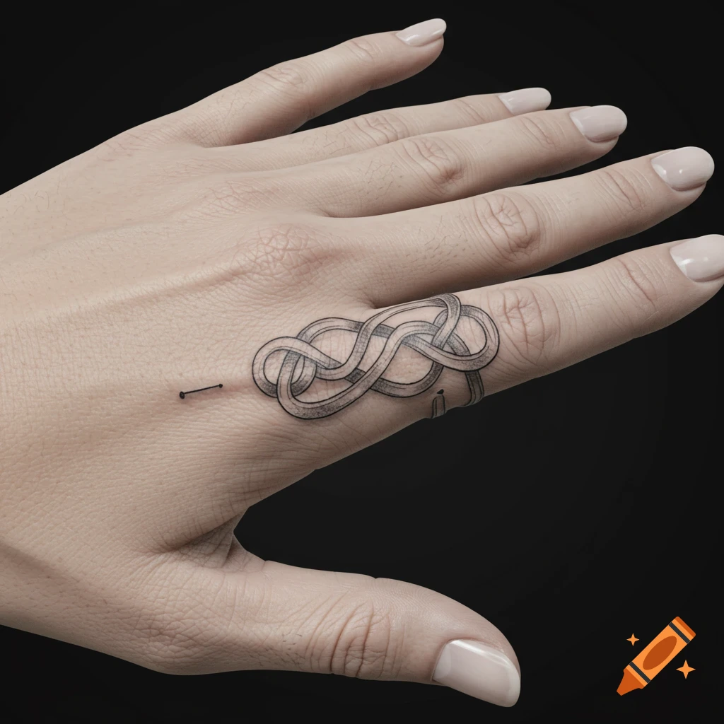 Close-up of a hand with a black and white infinity symbol tattoo forming a band on the ring finger.