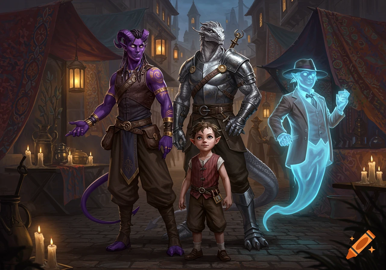 A purple tiefling, a silver dragonborn, a young child, and a translucent ghost gather in a detailed fantasy market scene.