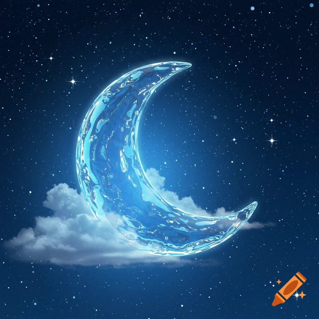 A glowing crescent moon made of sparkling blue water or glass sits on white clouds in a dark blue starry night sky.