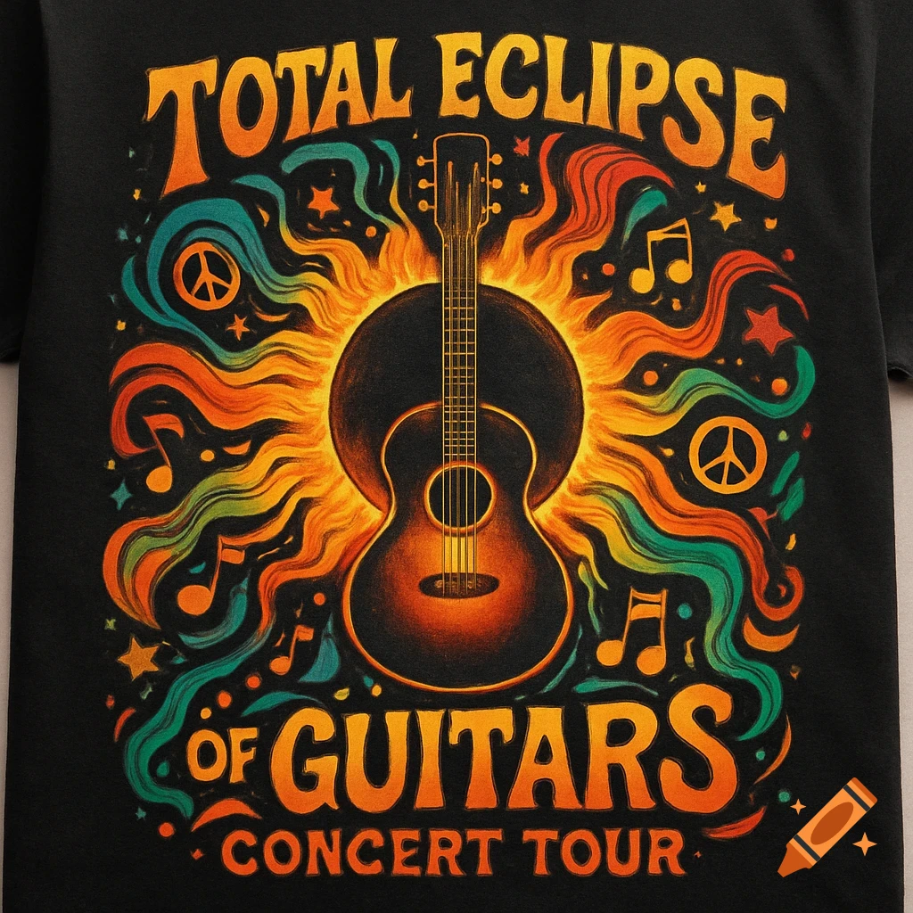A hippy-style t-shirt graphic design featuring an acoustic guitar with a sunburst effect, surrounded by colorful swirls, peace signs, and musical notes. Text reads "TOTAL ECLIPSE OF GUITARS CONCERT TOUR".