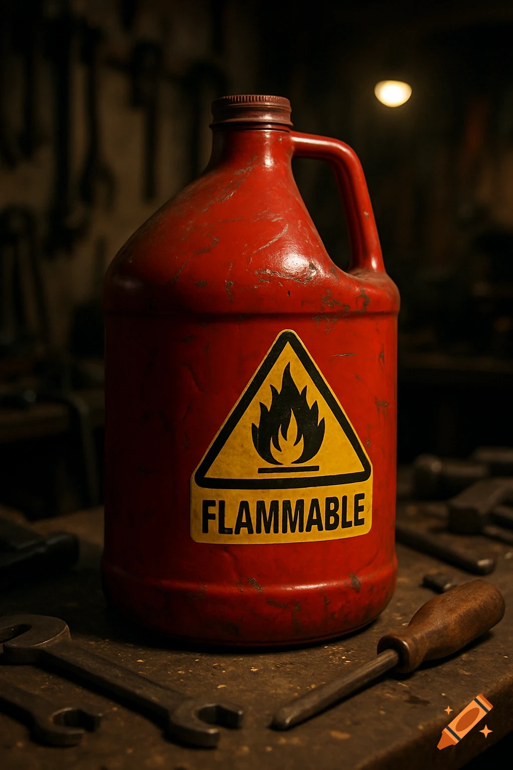 A photorealistic image of a weathered red flammable liquid jug with a yellow label on a workbench in a dark shop.