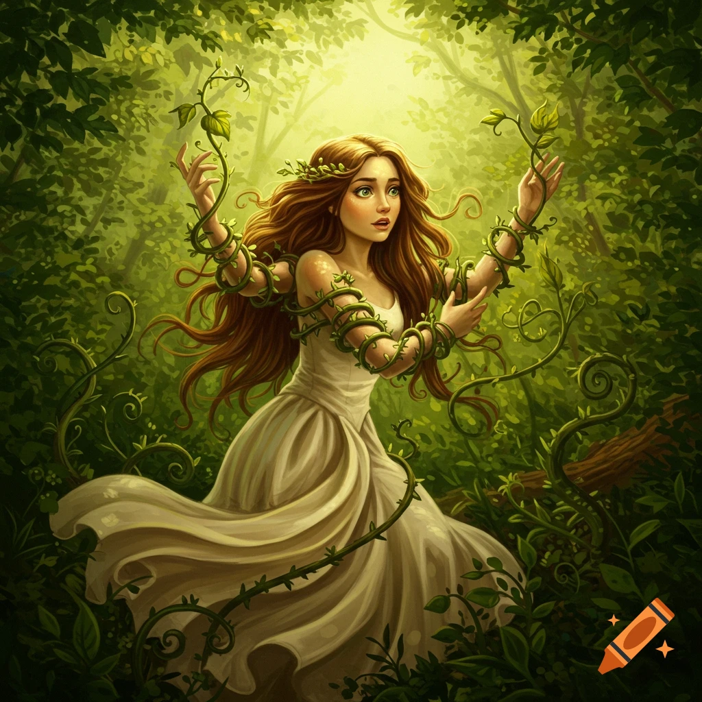 A red-haired woman in a white dress entangled by vines in a magical forest, looking startled.