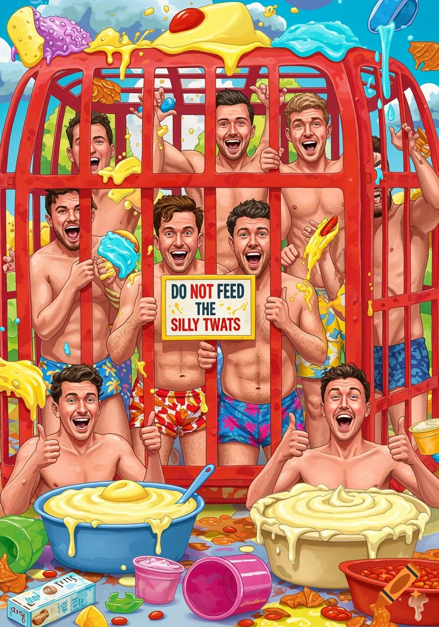 Illustrated scene of smiling topless men in swim trunks inside a red cage, covered in food, with a 'Do Not Feed the Silly Twats' sign.