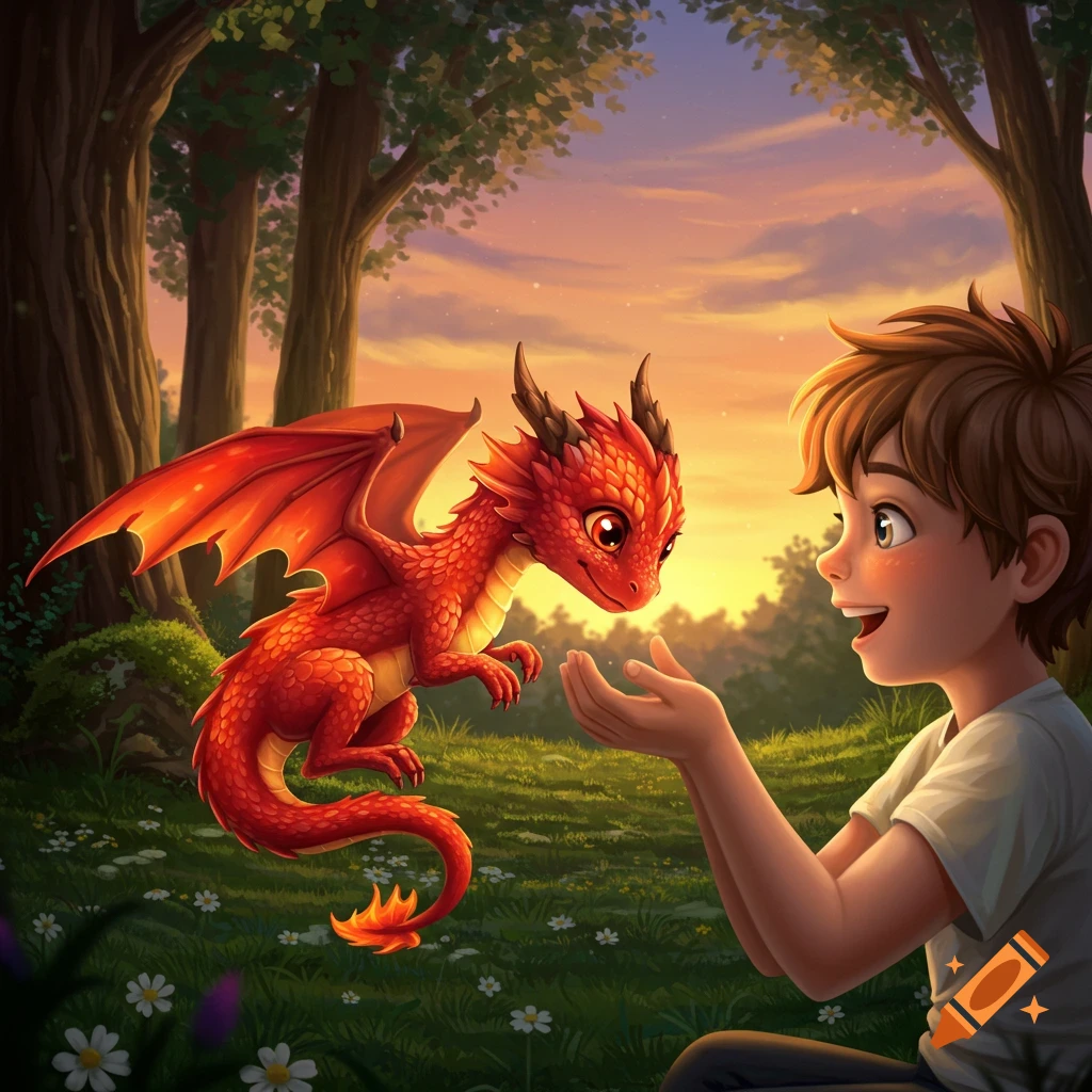 A boy looks with wonder at a small red dragon hovering above his hands in a magical forest at sunset.