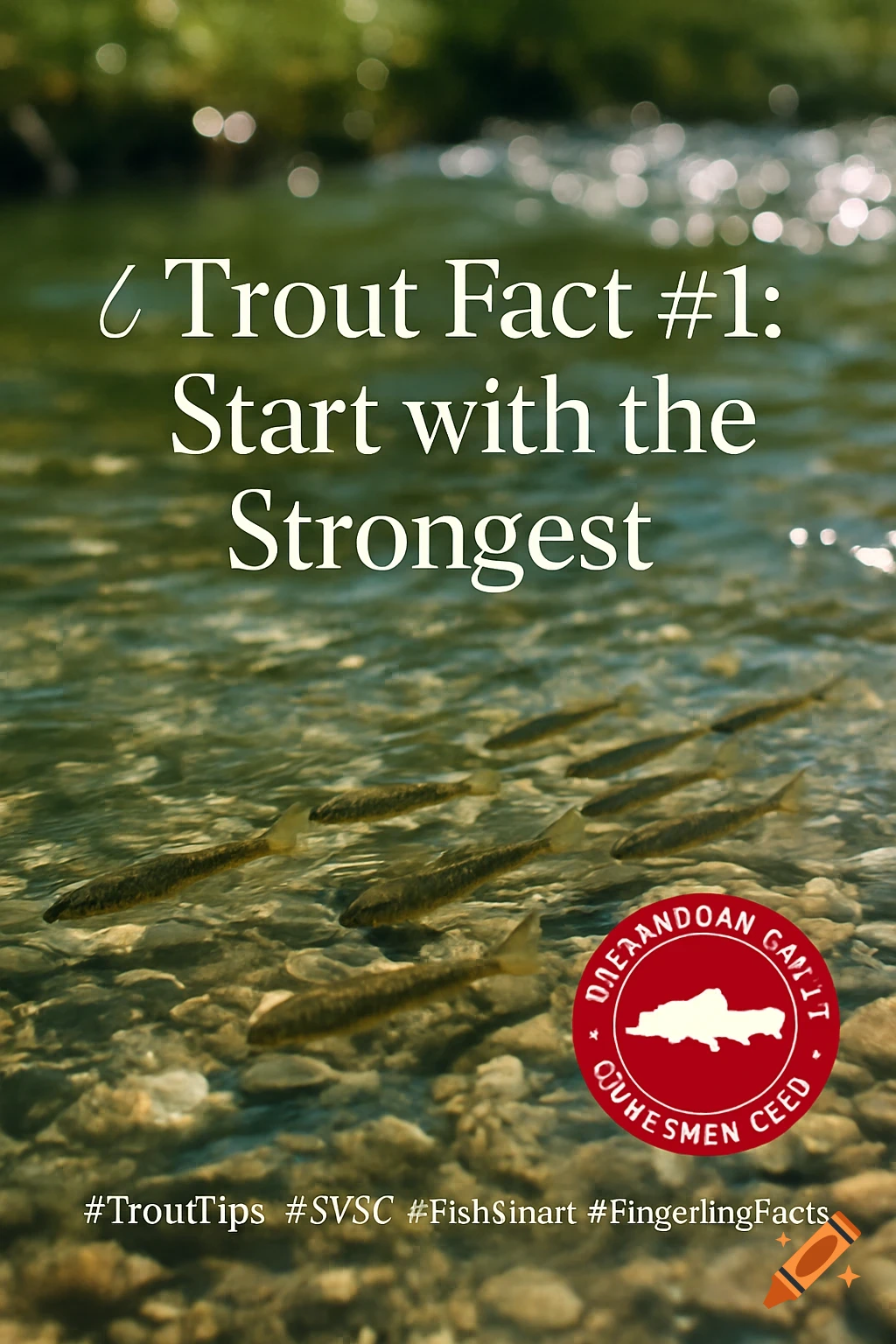 An image advertising a trout fact, with text "Trout Fact #1: Start with the Strongest" over a clear stream with small fish, and hashtags at the bottom.