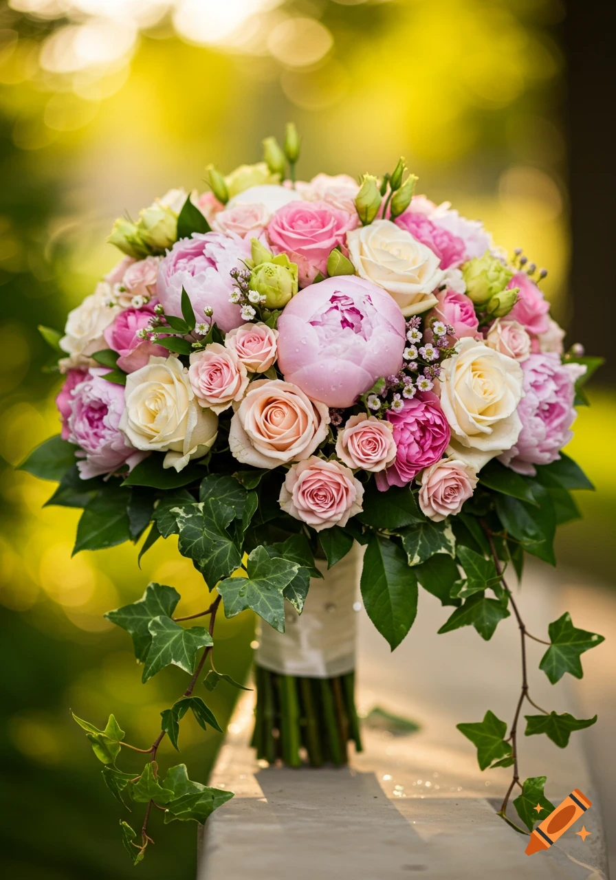 A close-up, photorealistic wedding bouquet with pink and white roses, peonies, and green ivy against a blurred golden background.