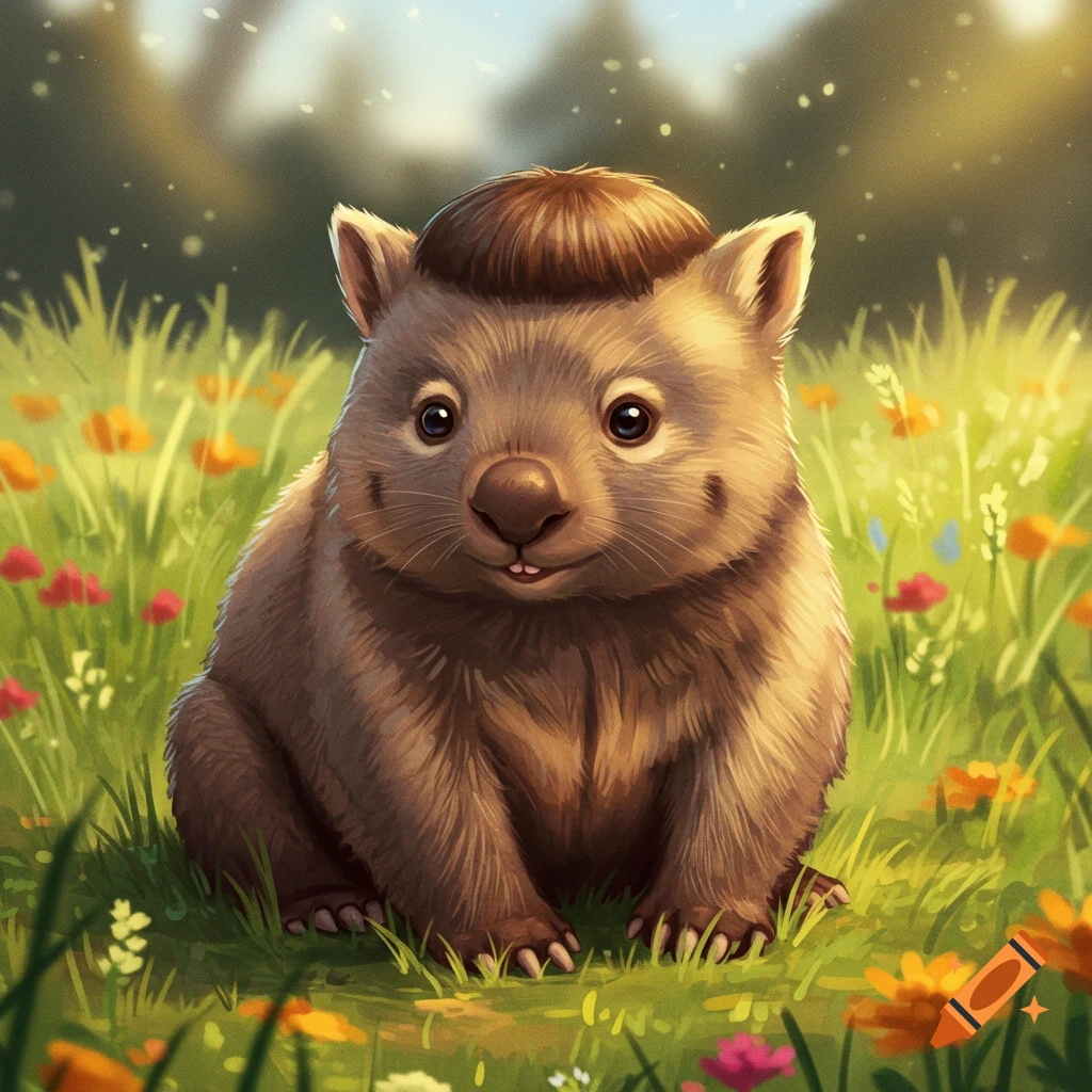 A cute, fluffy wombat with a brown bowl cut sits smiling in a field of colorful flowers and green grass.