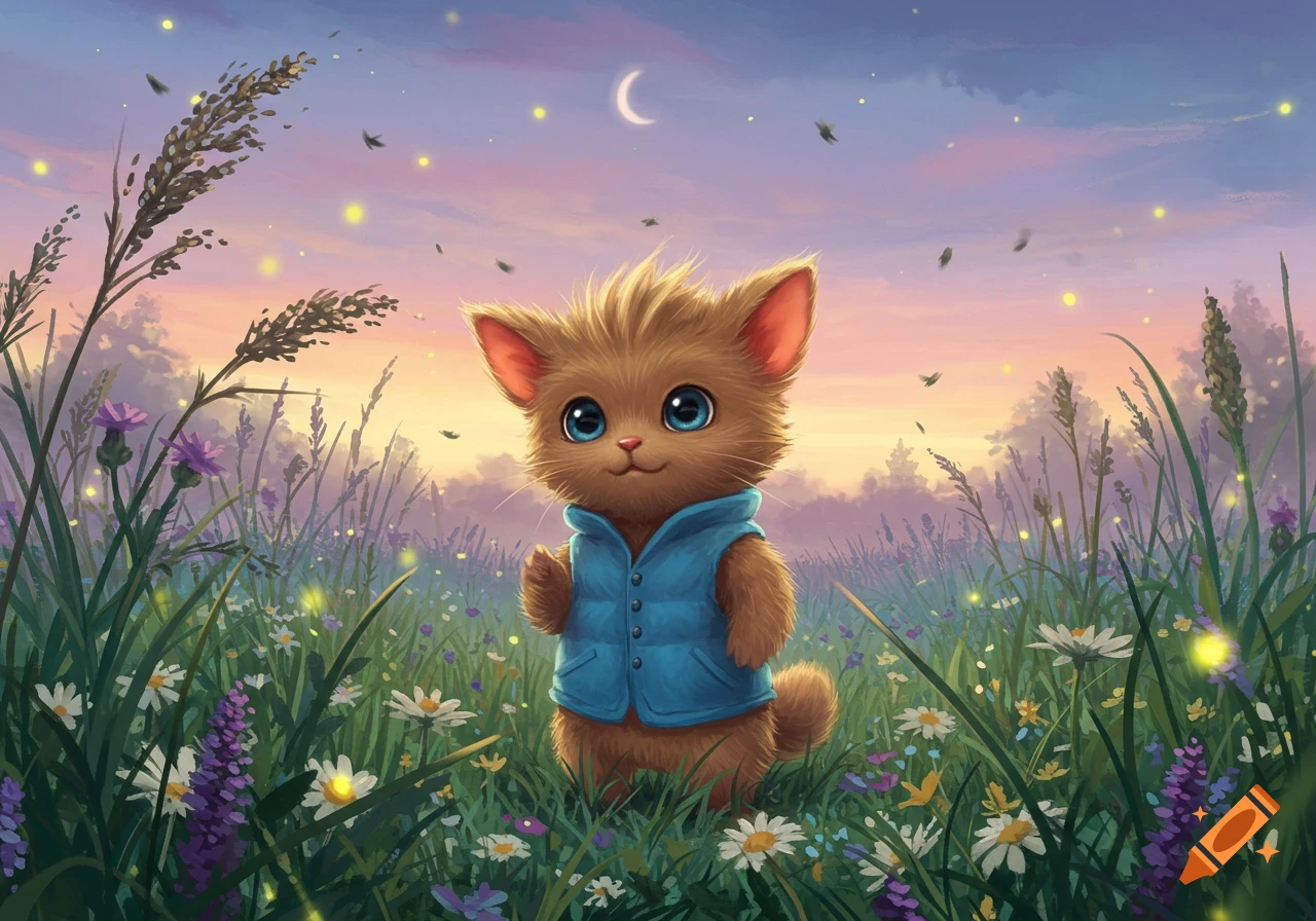 A cute fluffy kitten wearing a blue vest stands in a field of wildflowers under a pastel sunset sky with fireflies and a crescent moon.