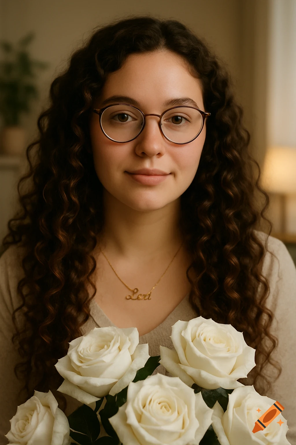 A young woman with curly brown hair and glasses looks directly at the viewer, holding a bouquet of white roses. She wears a gold necklace with the name 'Lexi'.