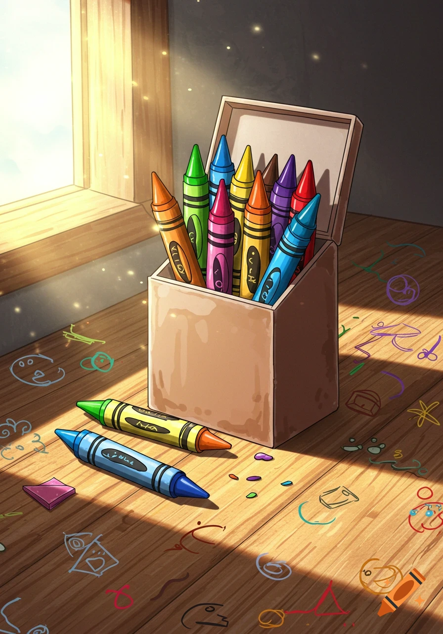 A box of colorful crayons sits on a sunlit wooden floor covered in doodles, with two crayons lying outside the box.