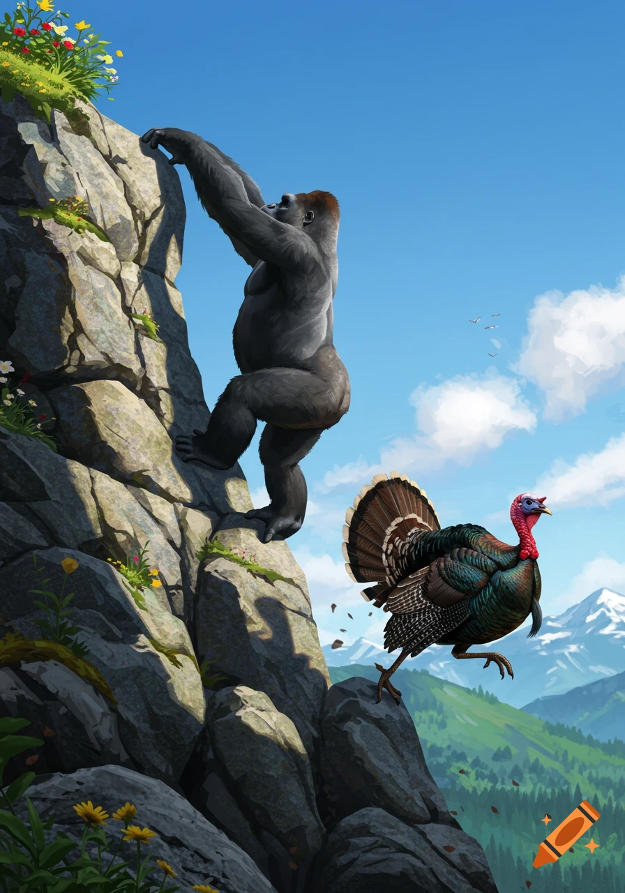 A gorilla rock climbs a cliff while a turkey runs on a lower rock ledge in a mountainous landscape under a blue sky.