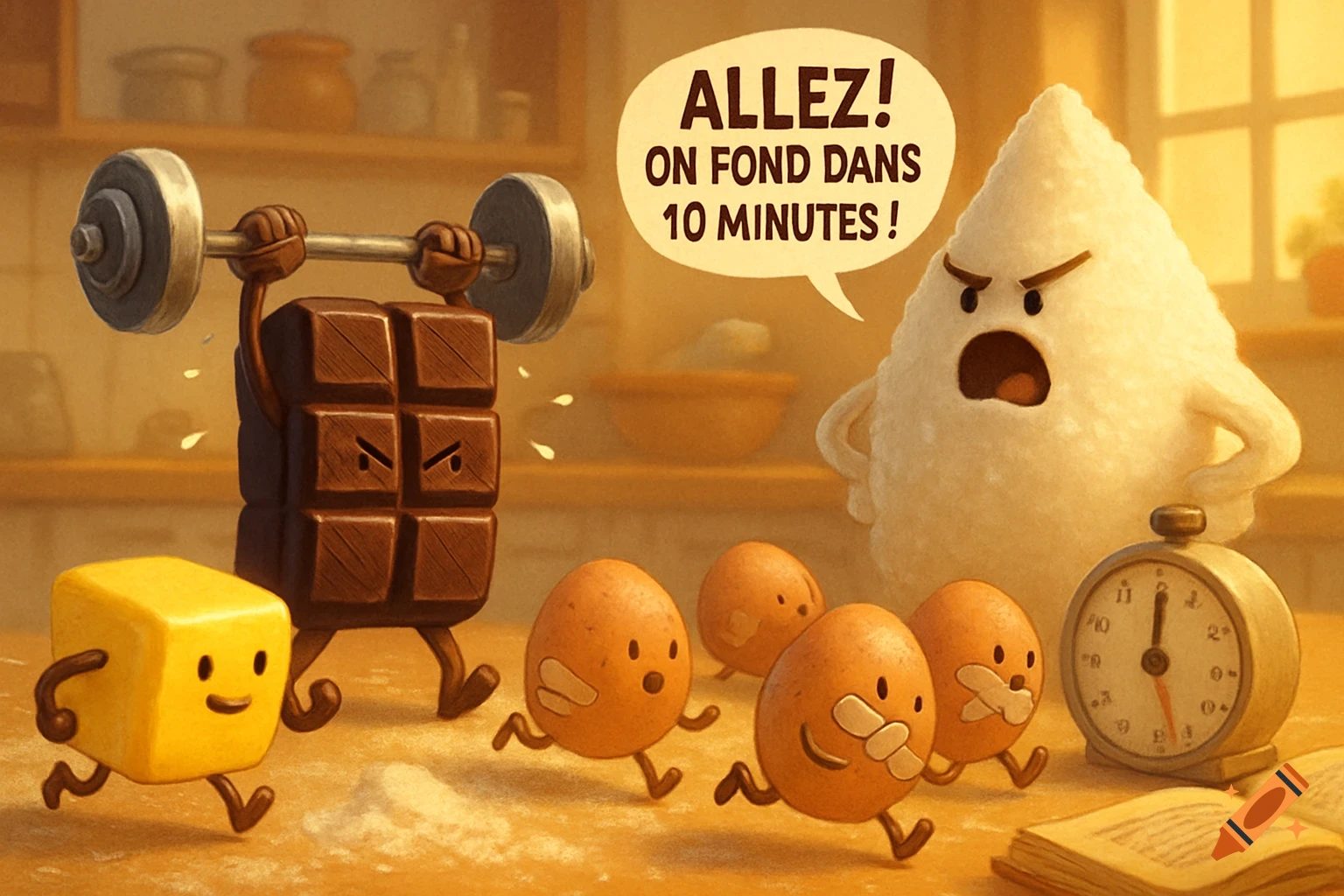 Cartoon food characters, including a chocolate bar lifting weights and a sugar cone yelling, train in a kitchen.