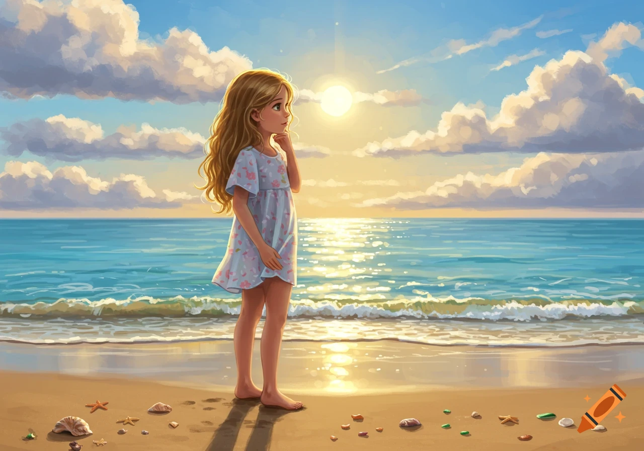 An anime-style illustration of a young girl standing barefoot on a sandy beach at sunset, looking out at the ocean.