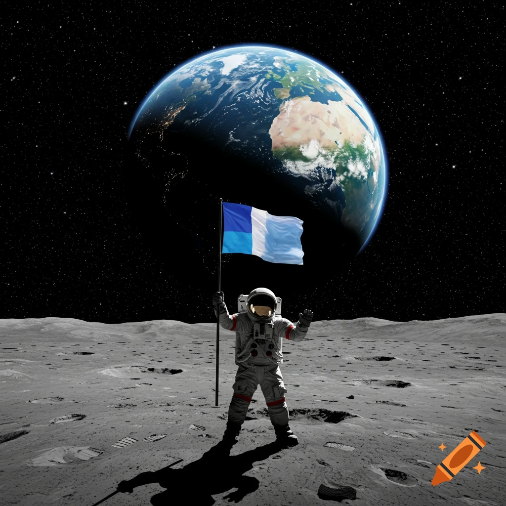 An astronaut stands on the moon, holding a flag, with Earth visible in the background against a starry sky.