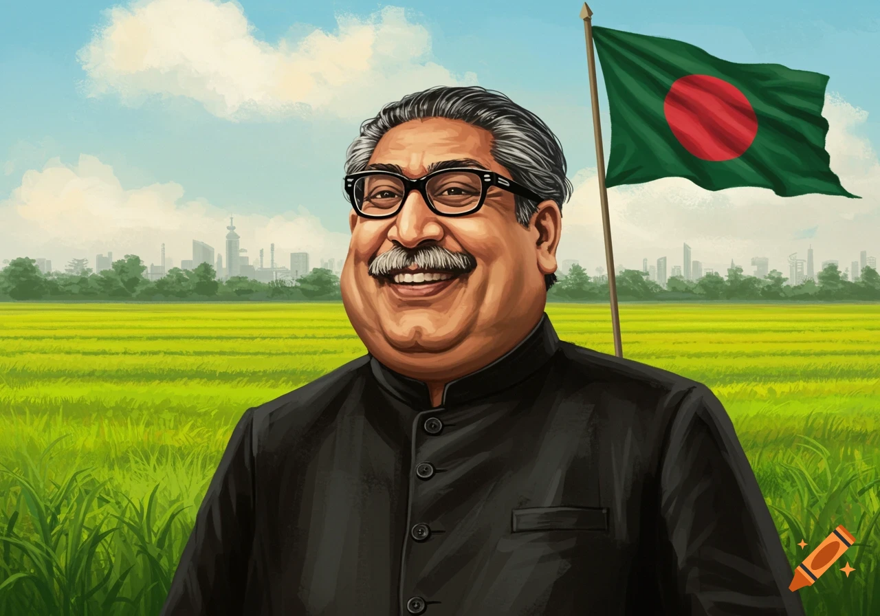 Illustration of a smiling man with a mustache and glasses, wearing a black shirt, in a green field with a Bangladeshi flag and city skyline.