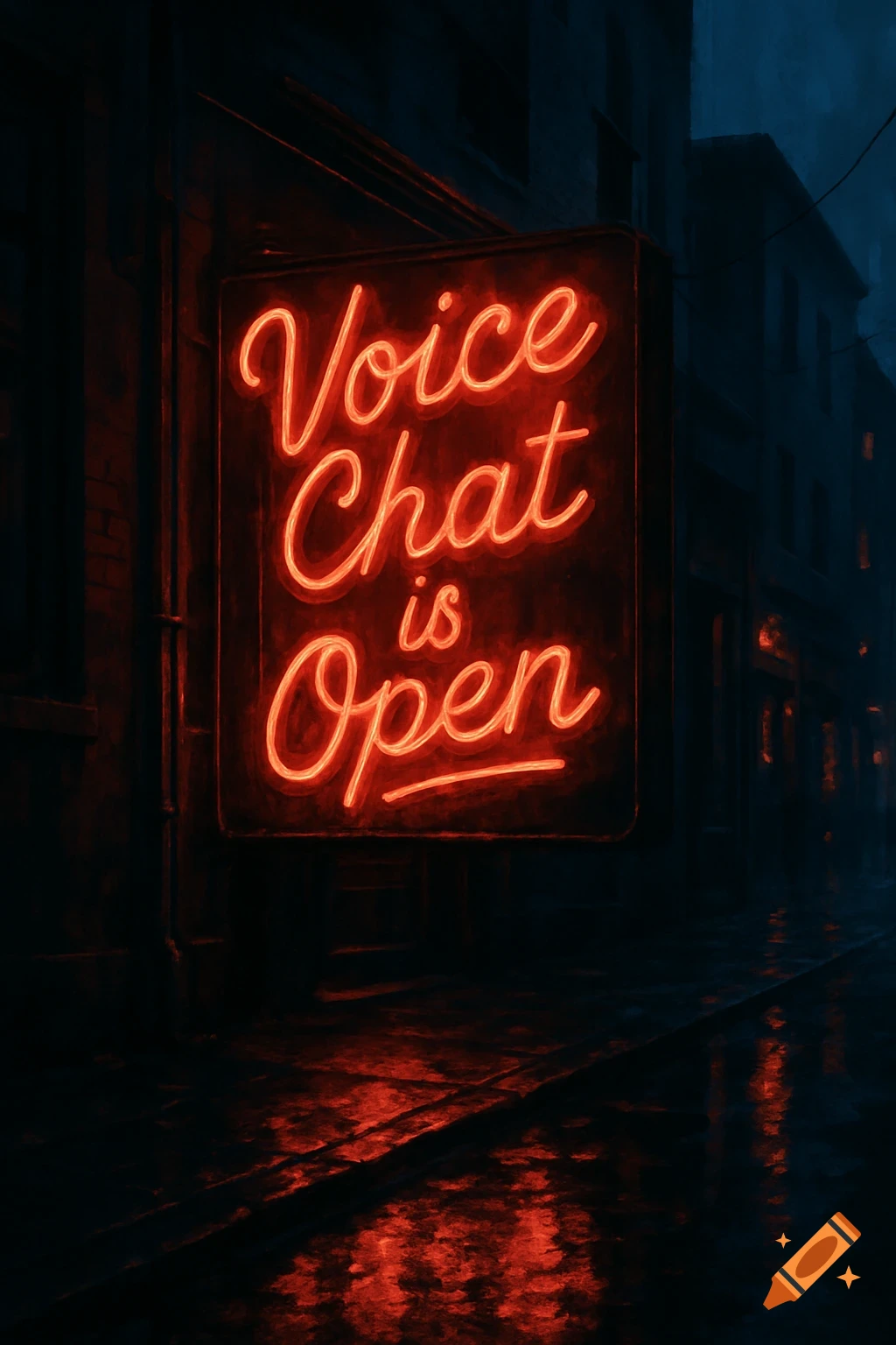 A vibrant red neon sign reading 'Voice Chat is Open' illuminates a dark, wet city street at night, casting reflections on the pavement.