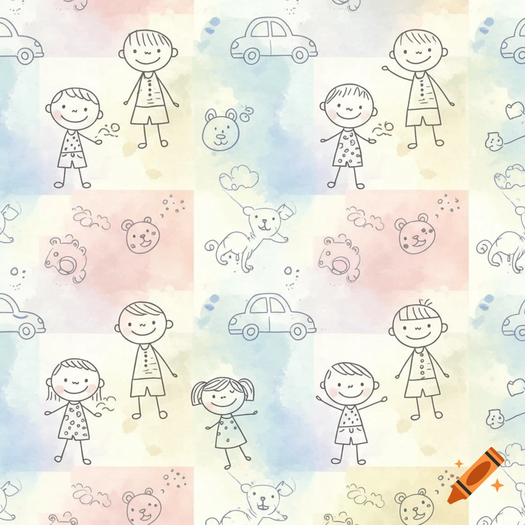 Seamless pattern of cute doodle stick figures of boys, girls, dogs, bears, and cars on a pastel watercolor background.