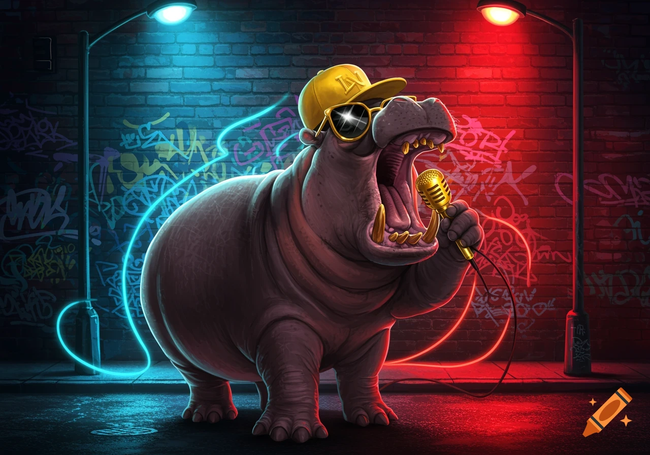 A stylized cartoon hippo in a yellow baseball cap and sunglasses, holding a gold microphone and singing on a city street at night, with neon light trails and colorful graffiti on brick walls.
