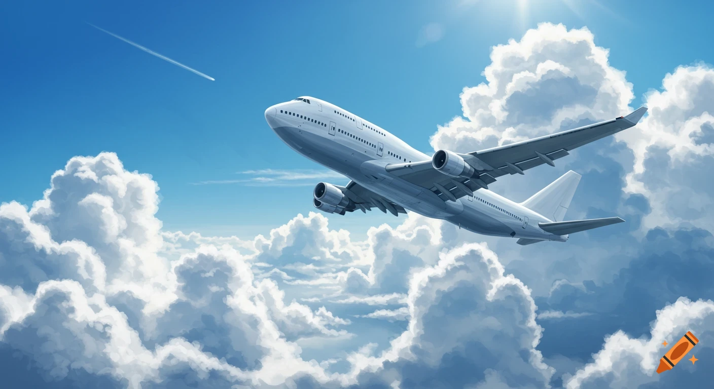 A large white passenger airplane flies upwards through a bright blue sky filled with fluffy white clouds.