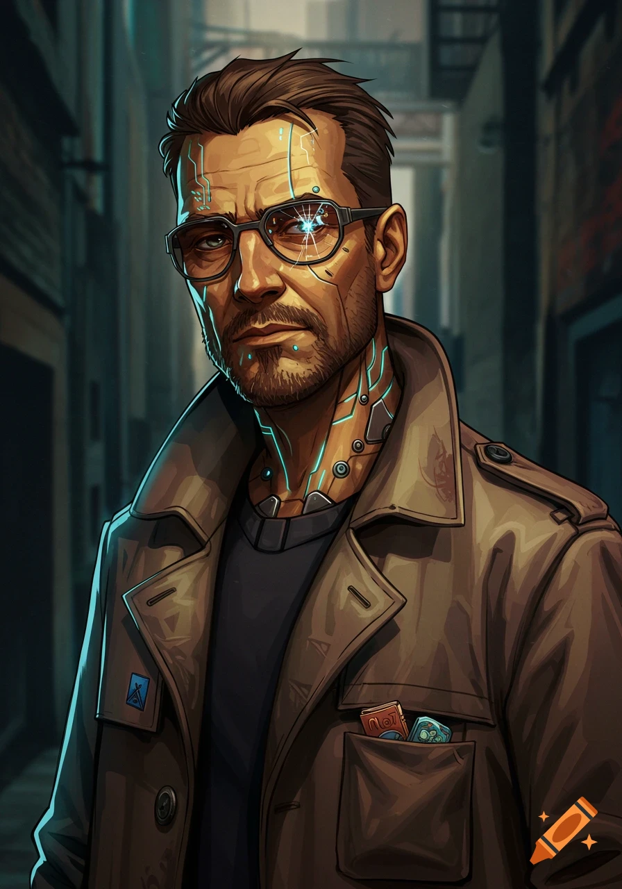 A stylized digital portrait of a man with cybernetic facial implants, wearing glasses and a trench coat in a dark alley.