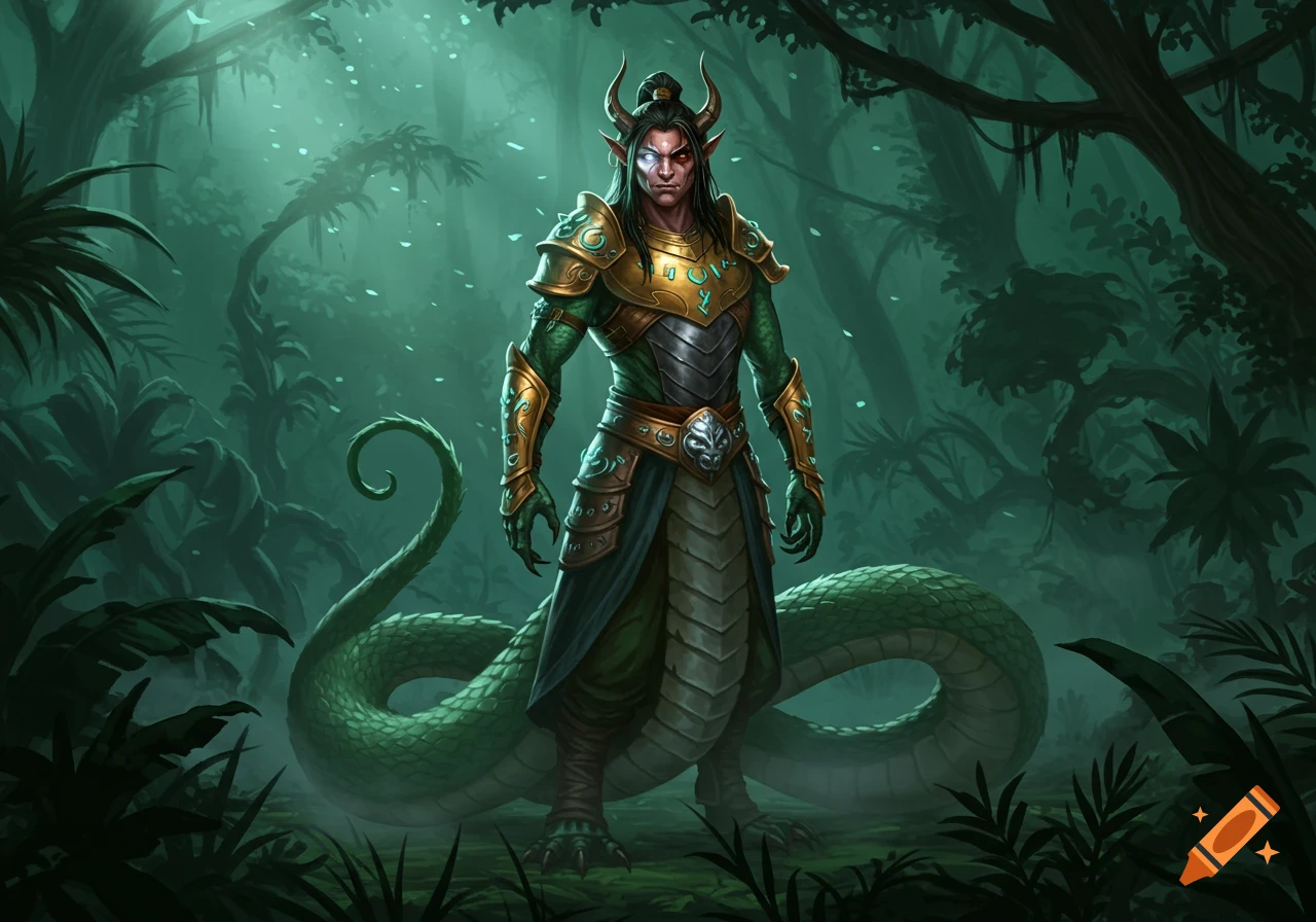 A formidable Yuan-ti warrior with a snake-like lower body, green scales, and golden armor stands in a mystical, dark jungle with one glowing white eye.