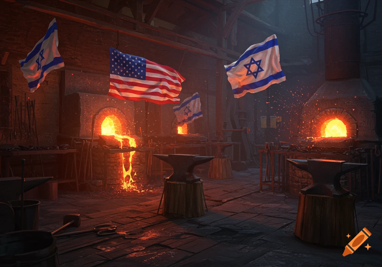 A dimly lit blacksmith workshop with glowing furnaces, anvils, and tools, where US and Israeli flags float and appear to melt.