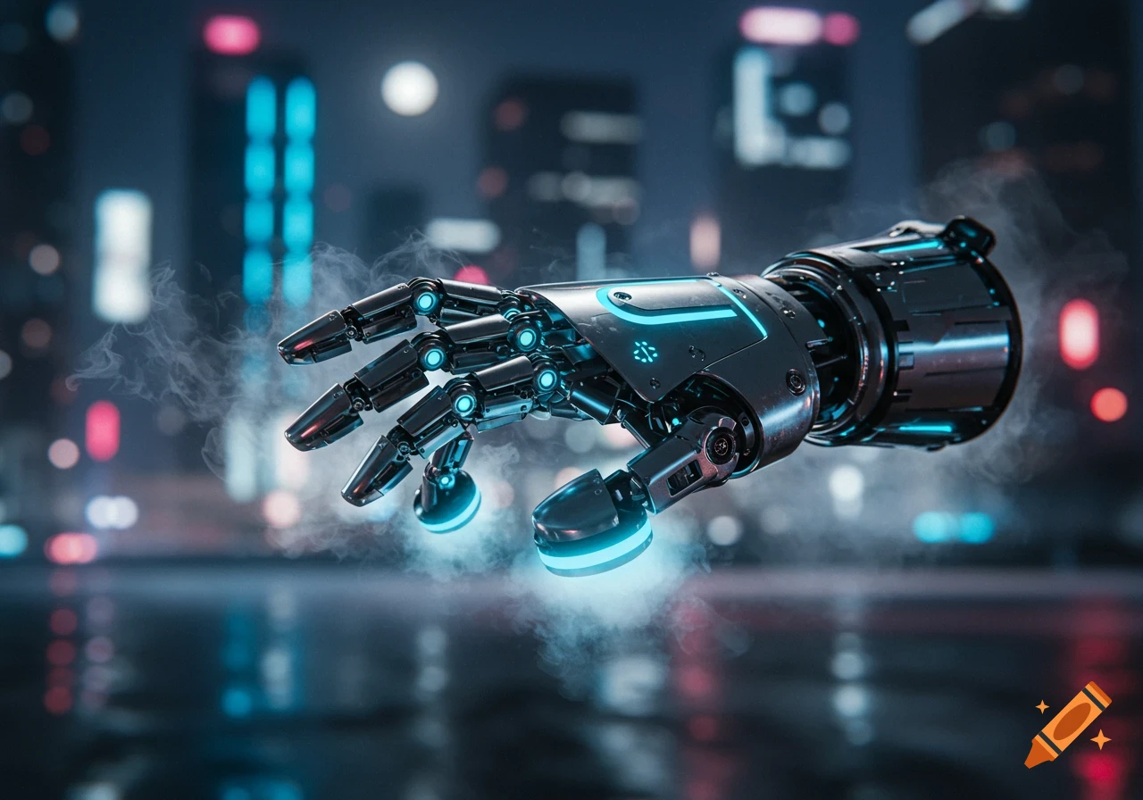 A detailed robotic hand with glowing blue lights hovers over a reflective surface, with a blurry, neon-lit cyberpunk city in the background at night.