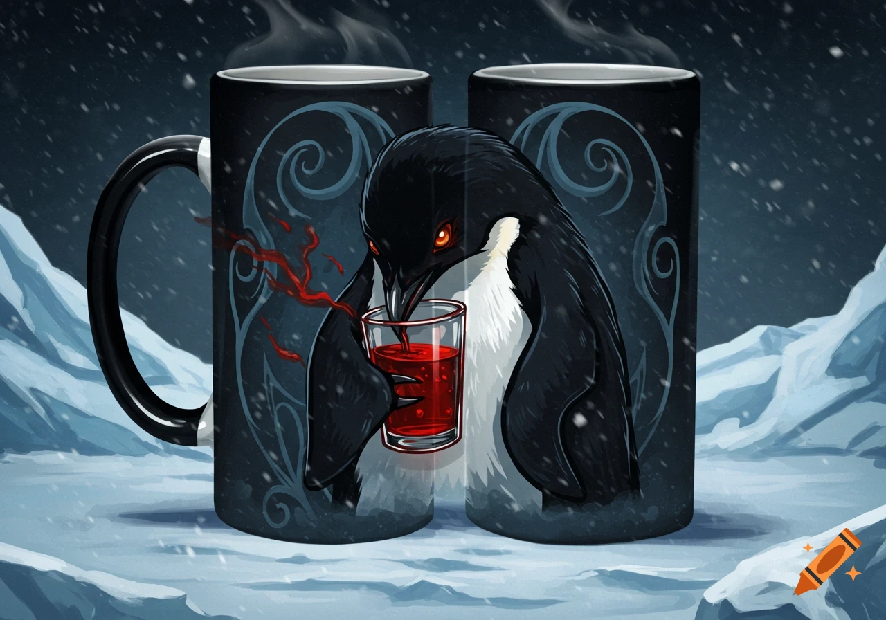 A stylized black and white penguin with red eyes drinks a red liquid from a glass, depicted on two mugs in a snowy landscape.