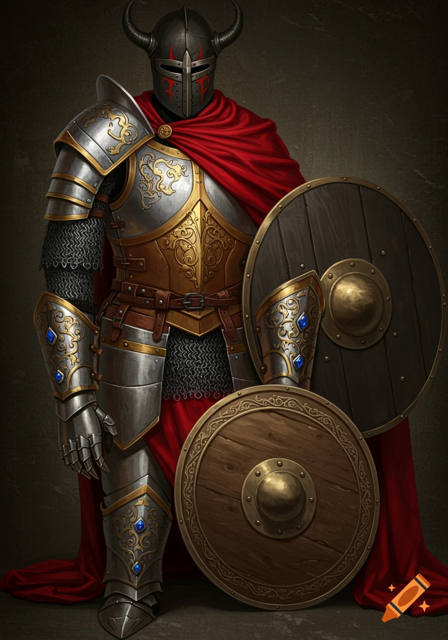A medieval fantasy knight in ornate silver and gold armor, a red cloak, and a black horned helmet with red markings, holding two shields.