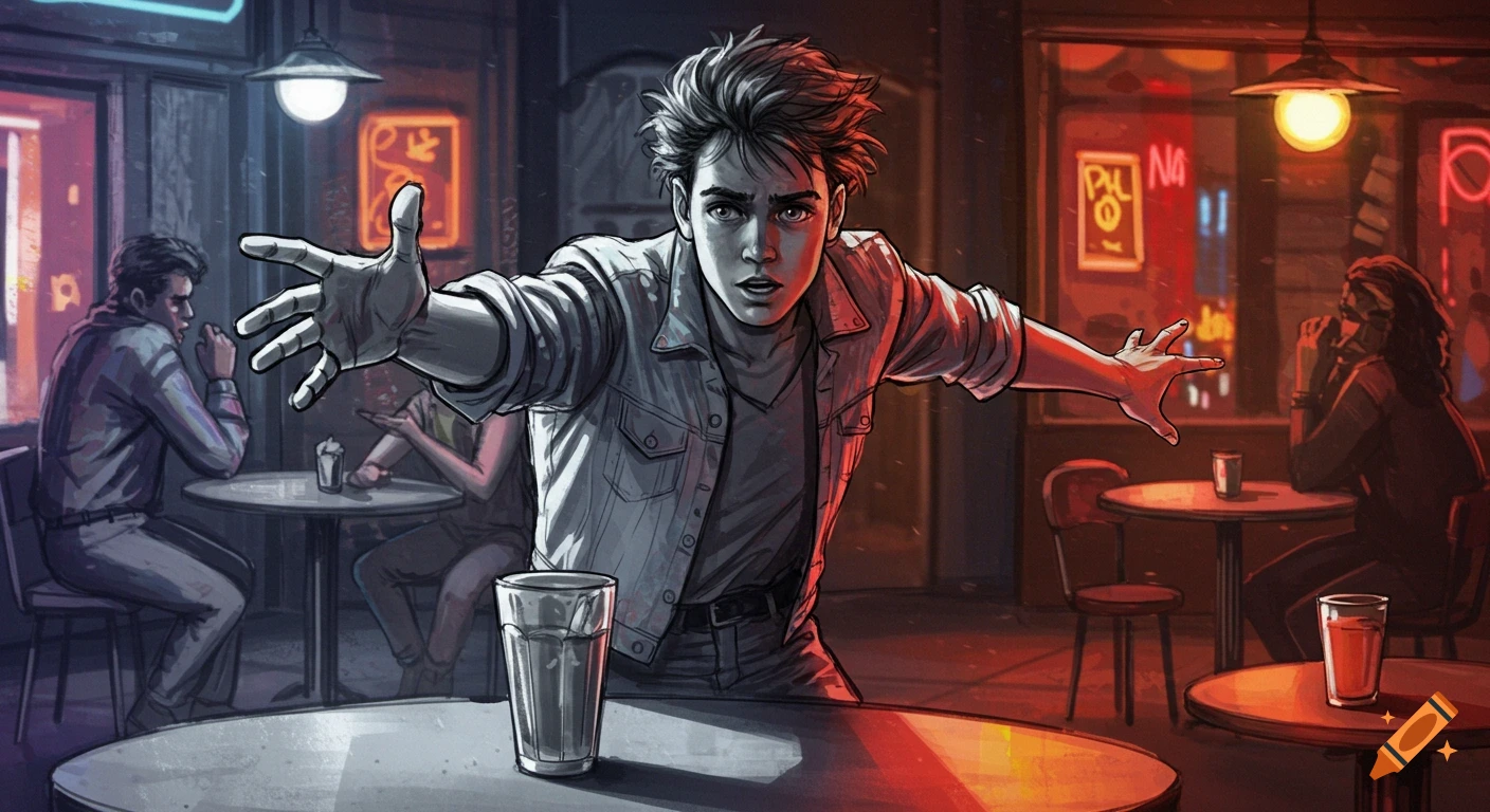 A young man with spiked hair reaches out in a dramatic comic book style scene set in a neon-lit bar.