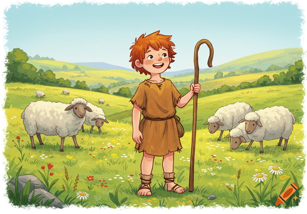 A happy shepherd boy with red hair stands in a grassy field with sheep and rolling hills, illustrated in a children's book style.