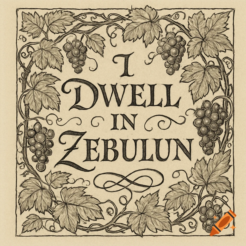 Hand-drawn illustration featuring the text 'I DWELL IN ZEBULUN' encircled by a border of grapevines and grape bunches.