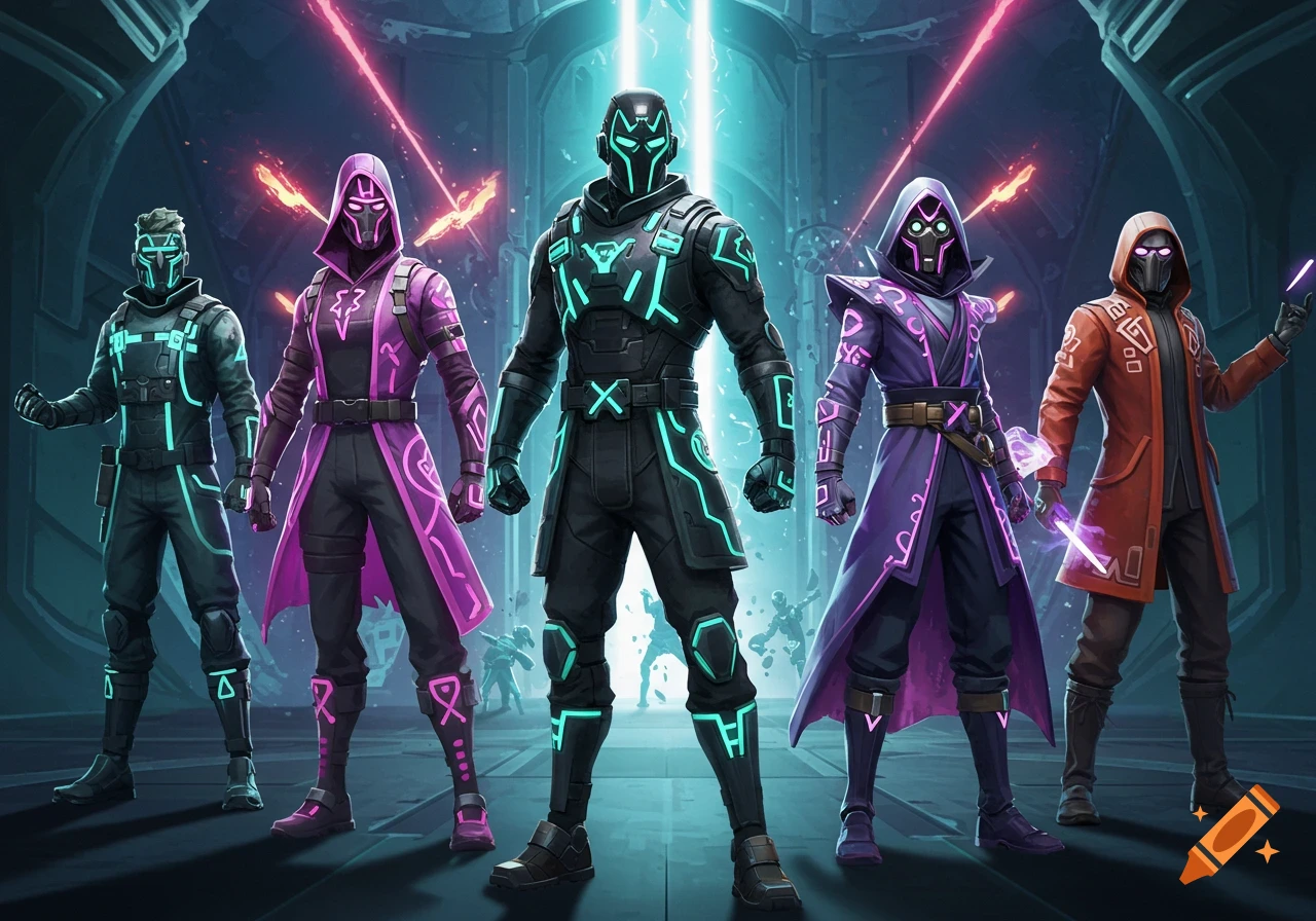 Five futuristic characters in glowing black, purple, teal, and orange suits with masks and light effects stand in a futuristic hall.
