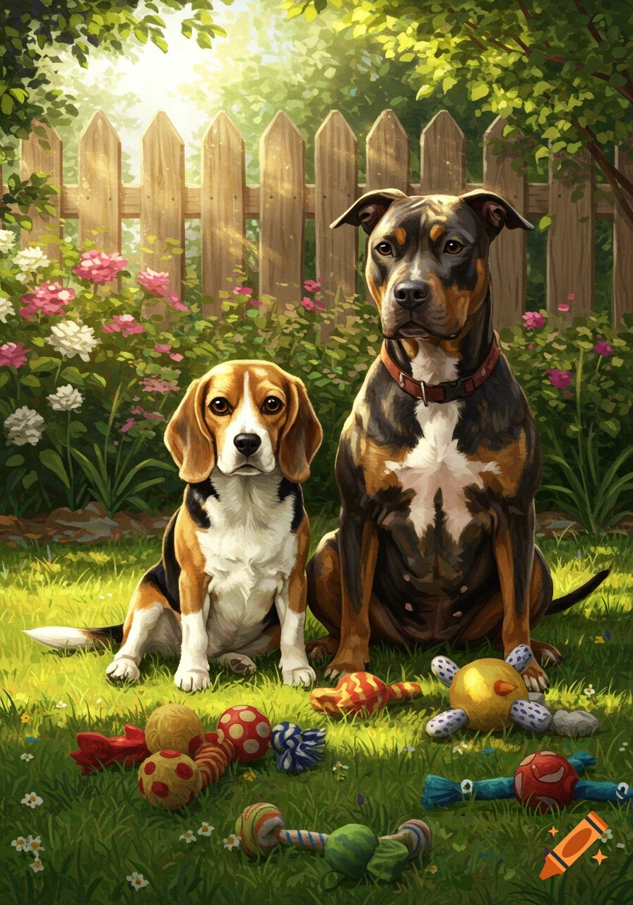 A beagle and a pitbull dog sitting in a sunny garden with a fence, flowers, and scattered toys.