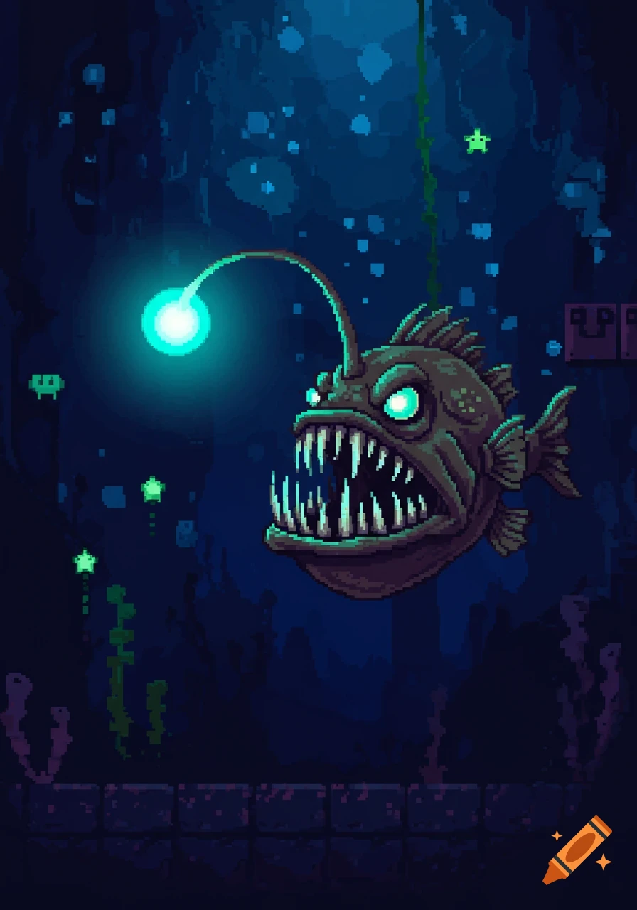 Pixel art illustration of a menacing anglerfish with sharp teeth, glowing eyes, and a luminous lure, against a dark deep-sea background.