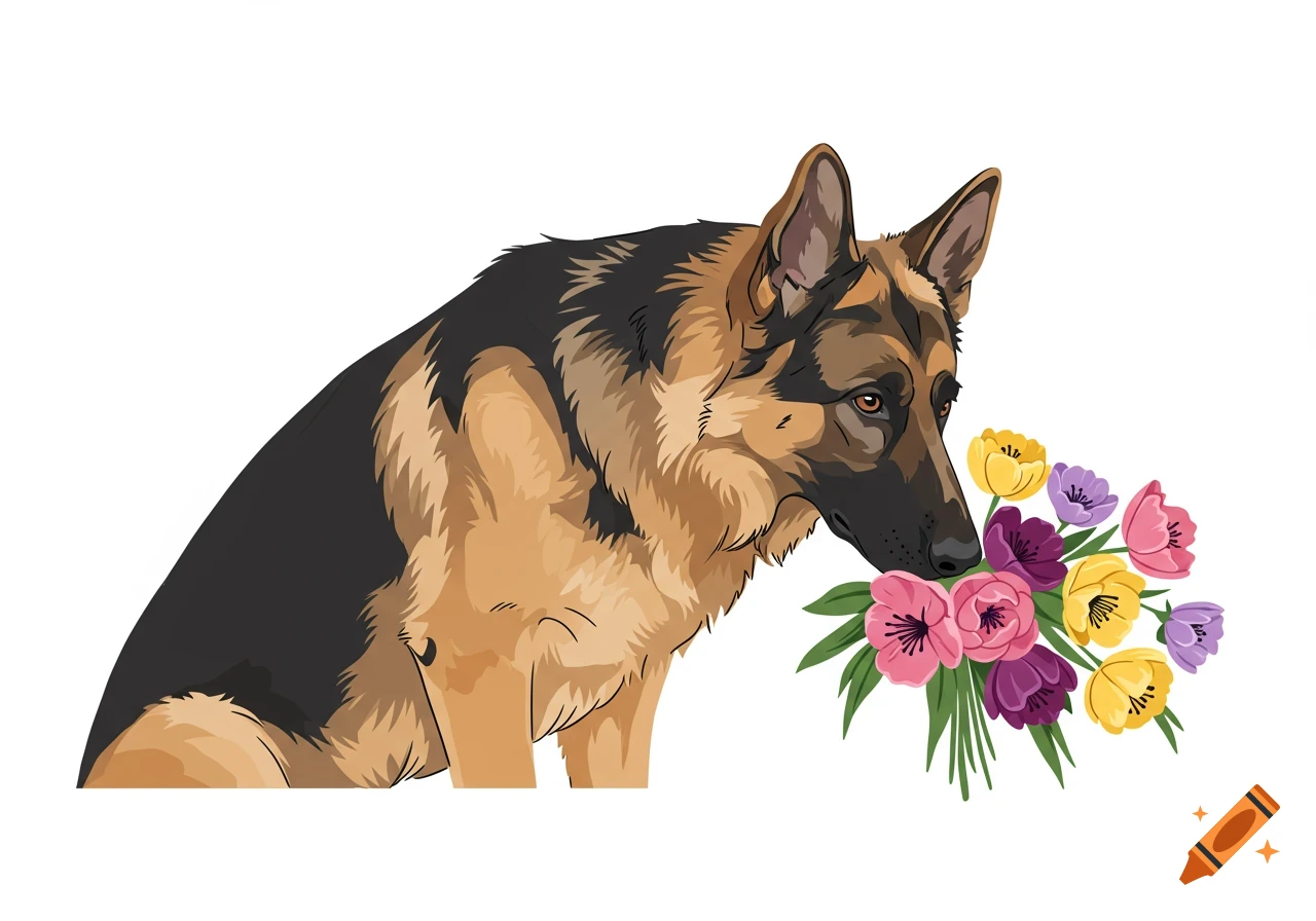 A simple illustration of a German Shepherd dog sniffing a bouquet of colorful spring flowers.