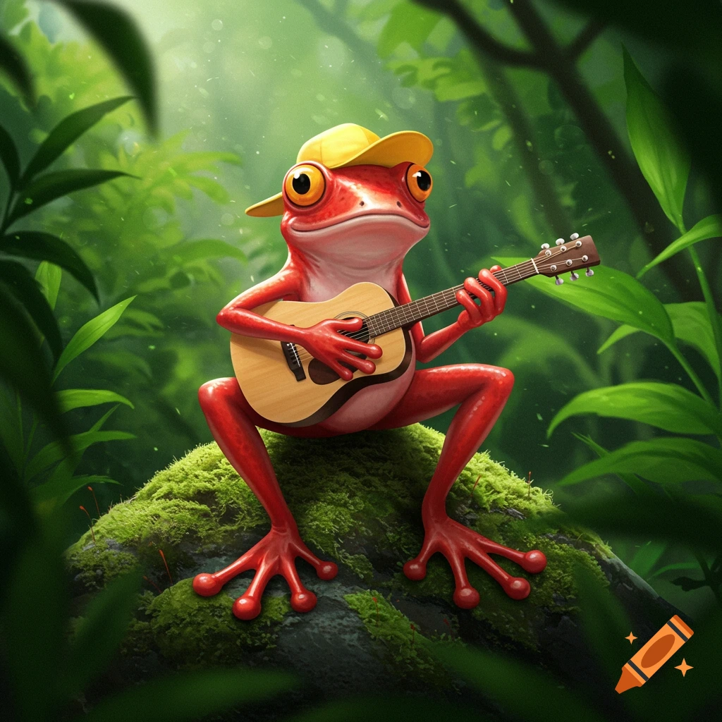 A vibrant red frog with large orange eyes and a yellow backwards cap sits on a mossy rock in a lush jungle, playing an acoustic guitar.