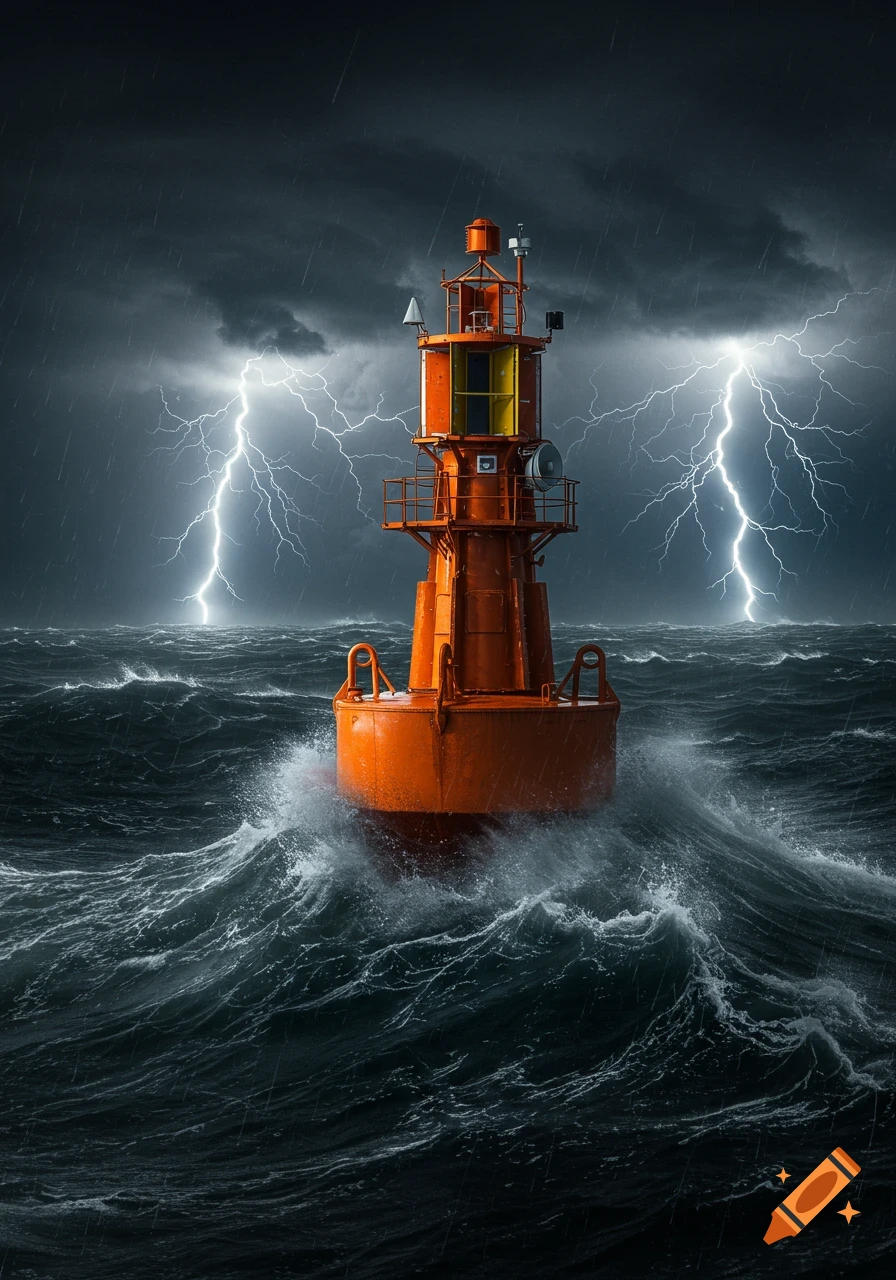 An orange science buoy floats in a stormy ocean with large waves, rain, and bright lightning strikes across a dark sky.