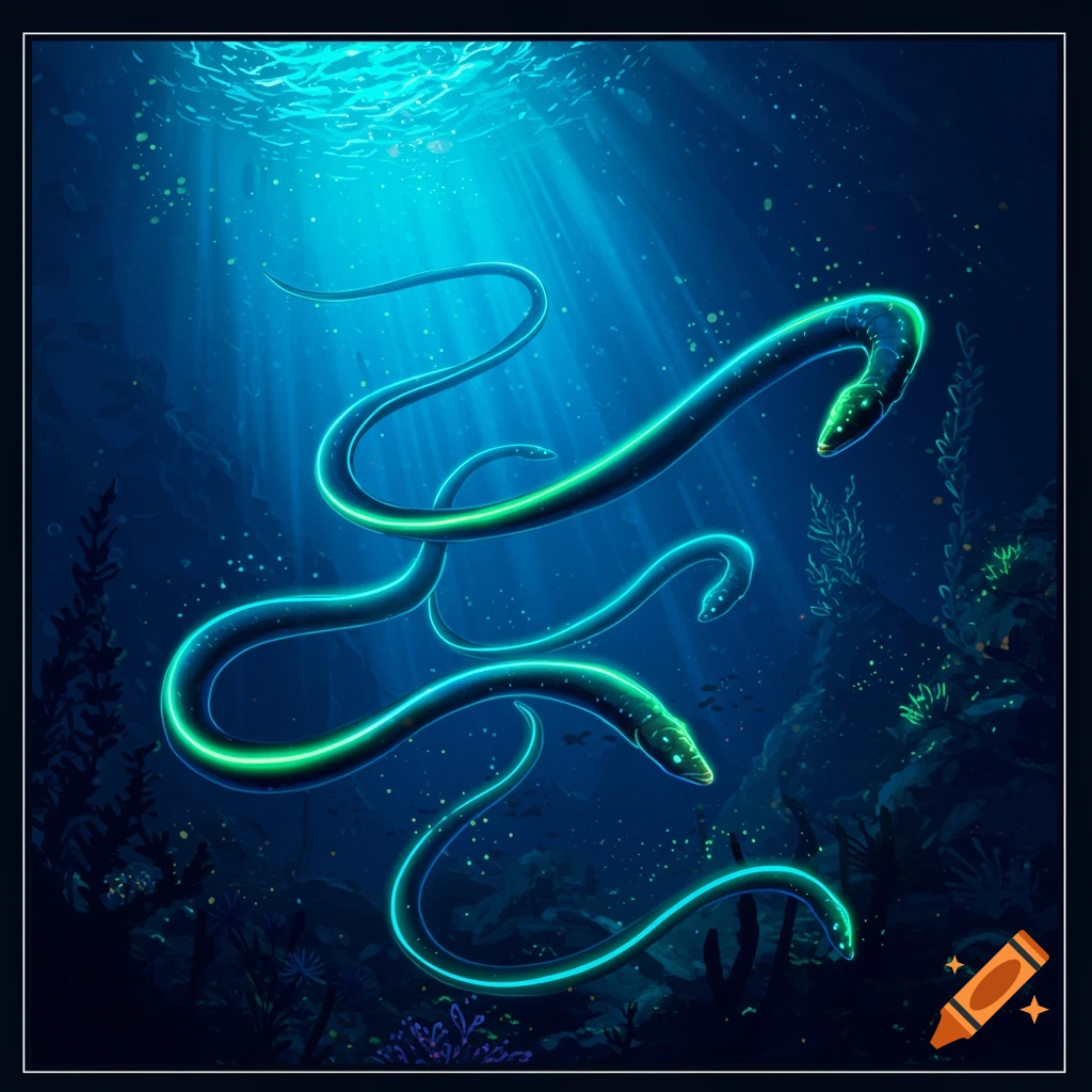 Illustration of several glowing green and blue eels swimming in a dark underwater scene with light rays from the surface.