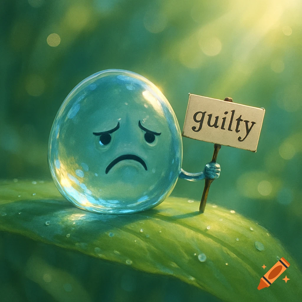 A sad, translucent water droplet character sits on a green leaf, holding up a small sign that reads "guilty" under sunlight.