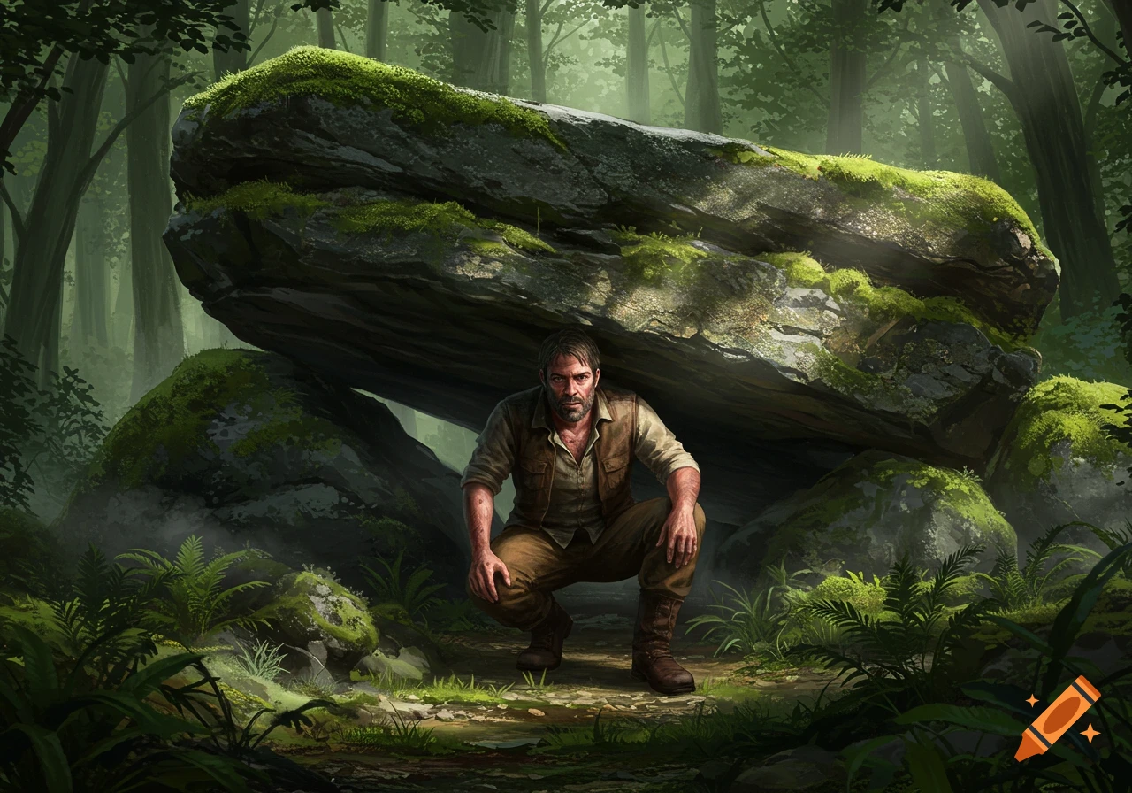 A man with a beard crouches under a large, moss-covered rock in a dense, dark forest, in a realistic art style.