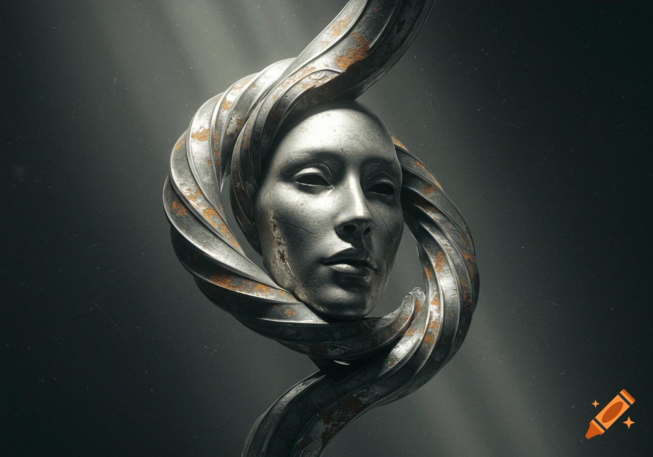 A detailed metallic sculpture of a human face intertwined with twisted, rusted metal forms against a dark background.