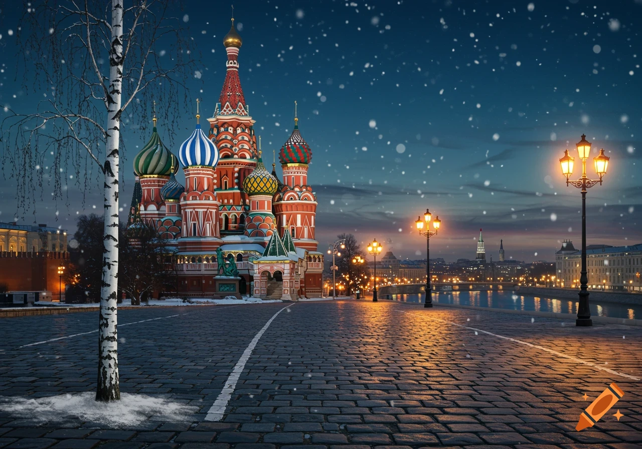 Saint Basil's Cathedral in Moscow at night, with snow falling on a cobblestone street lined with glowing streetlights.