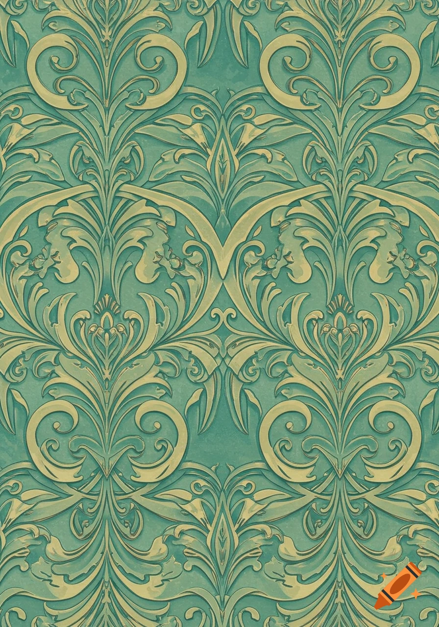 An ornate repeating pattern of gold and teal scrollwork and foliage, resembling embossed wallpaper.