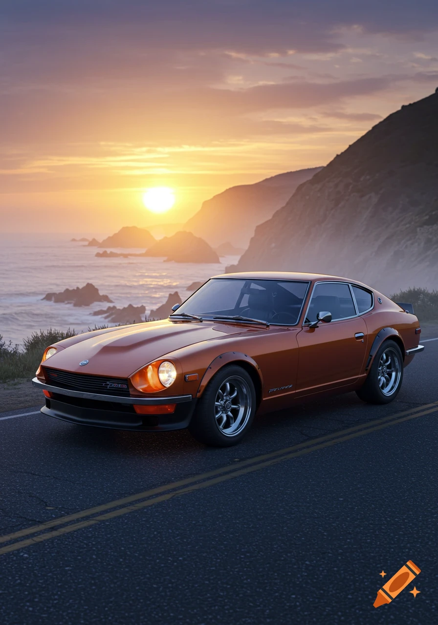 A classic orange Nissan Fairlady 240Z sports car is parked on a coastal road overlooking the ocean at sunset.
