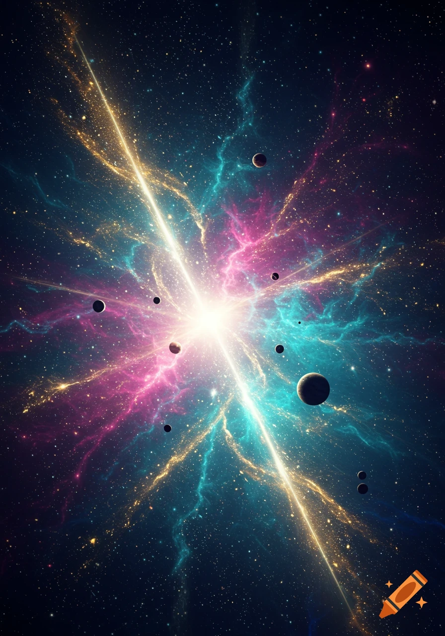 A vibrant cosmic scene with a brilliant light beam, colorful nebulae in pink, blue, and gold, and scattered planets and stars.