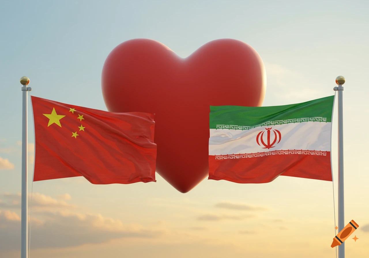 Flags of China and Iran flank a large red heart against a bright sky, symbolizing unity.